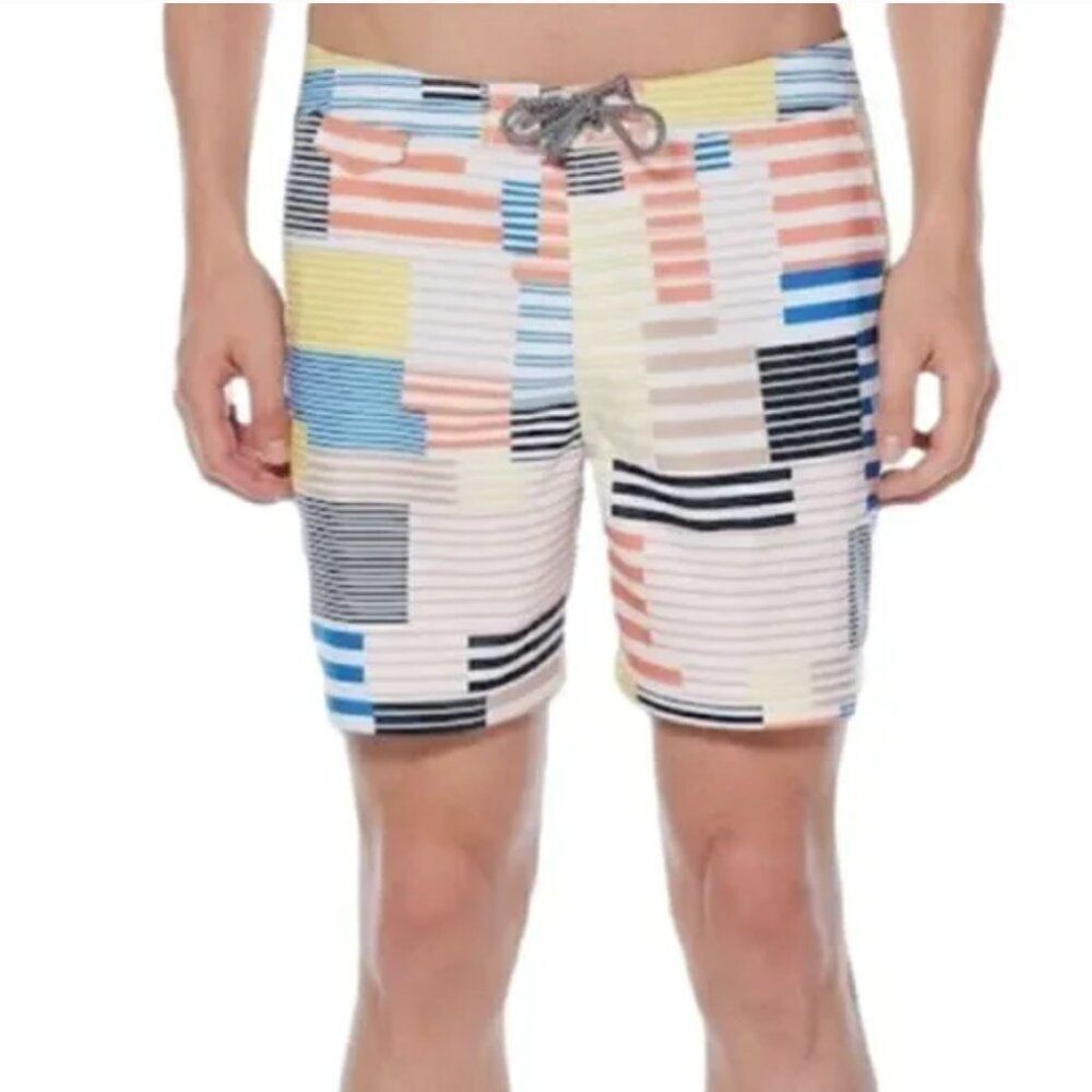 Original Penguin 8-Bit Striped Swim Trunks Blue Depths Combo 29